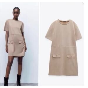 ZARA Faux Suede Mini Dress L Tan‎